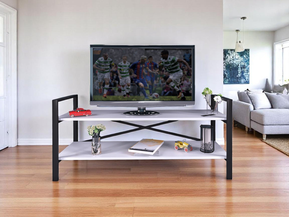 English Elm 47" Ikra TV Stand White with Black Metal Legs, Open Shelves & Crossbar Support for Modern Homes B029P330621