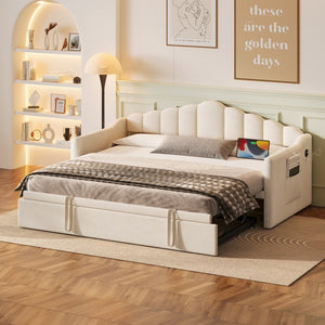 English Elm Upholstered Twin Daybed with Pop up Trundle Velvet Frame and Built in Usb Charging Beige N733S410648A