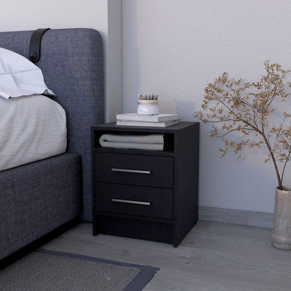 English Elm Wenge Two-Drawer Nightstand with Open Shelf, Smooth-Glide Rails, Durable Melamine, Compact 23.6"H B062P230638