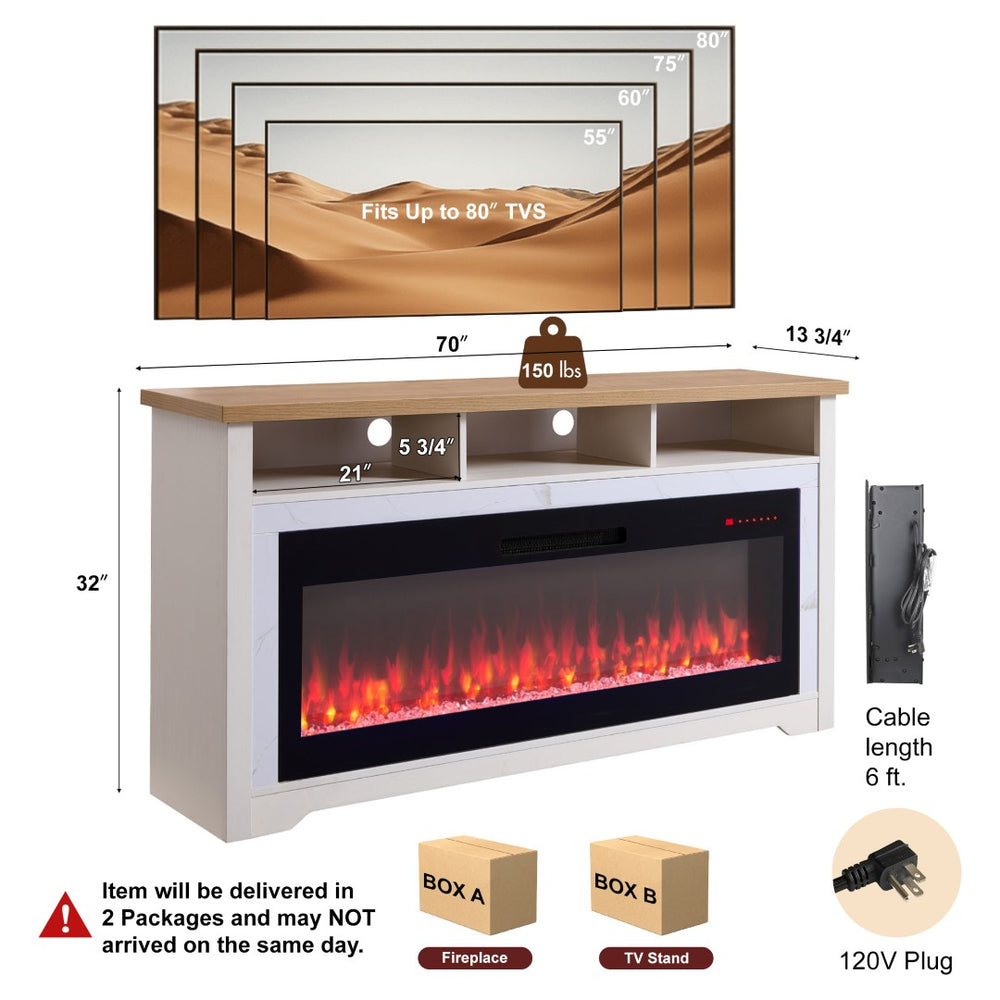 English Elm 70 Inch Faux Marble Electric Fireplace Tv Stand with Smart 3d Flame Media Console W1769S00013
