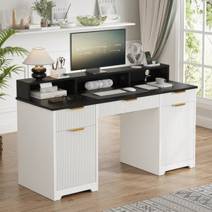 English Elm Executive Home Office Desk with Power Outlets Monitor Stand and File Storage T3773P417164