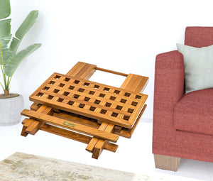 Homeroots 19" Brown Solid Teak Wood Square Indoor Outdoor Folding End Table   479009