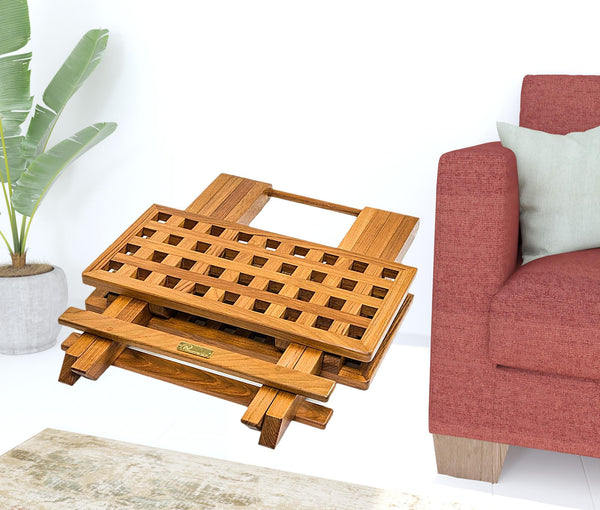 Homeroots 19" Brown Solid Teak Wood Square Indoor Outdoor Folding End Table   479009