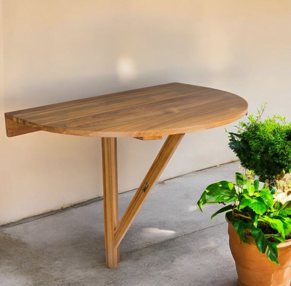 HomeRoots 24" Brown Half-Round Teak Folding Table - Space-Saving Design for Outdoor Balconies, Decks & Porches 479051