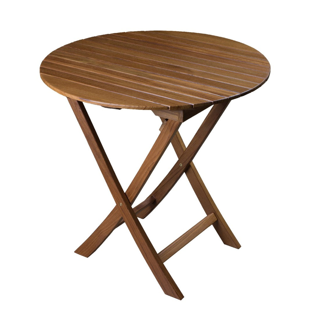 HomeRoots 30" Brown Rounded Solid Teak Folding Outdoor Side Table – Stylish, Durable, and Space-Saving Design! 479054
