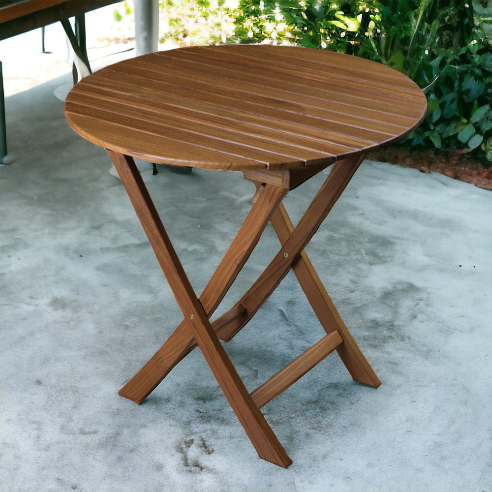 HomeRoots 30" Brown Rounded Solid Teak Folding Outdoor Side Table – Stylish, Durable, and Space-Saving Design! 479054