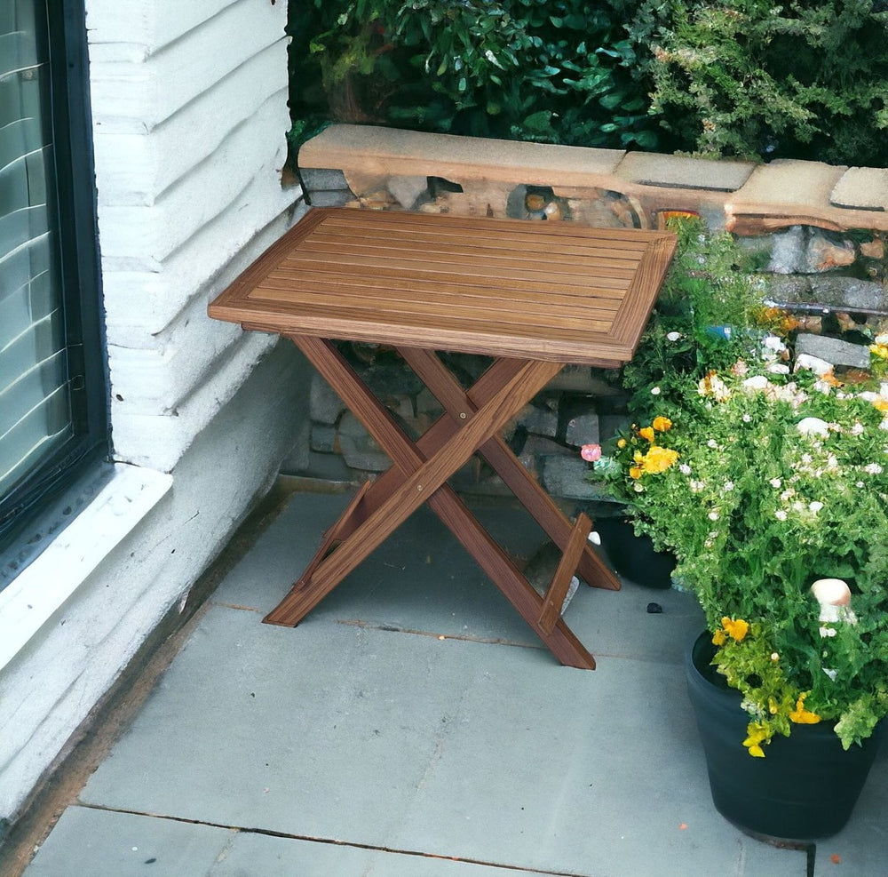 HomeRoots 28" Brown Solid Teak Folding Outdoor Side Table - Durable, Versatile Design for Indoor & Patio Use 479055