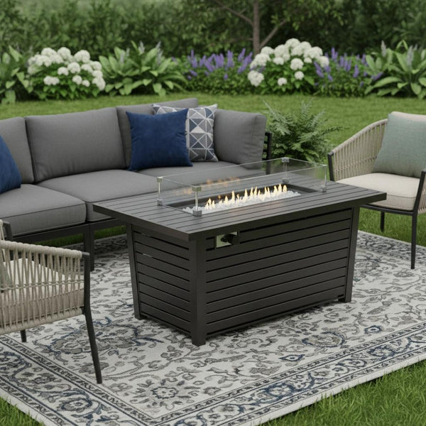 HomeRoots 50000 BTU 54" Rectangular Bronze & Clear Steel Propane Fire Pit Table with Cover for Cozy Gatherings 479057