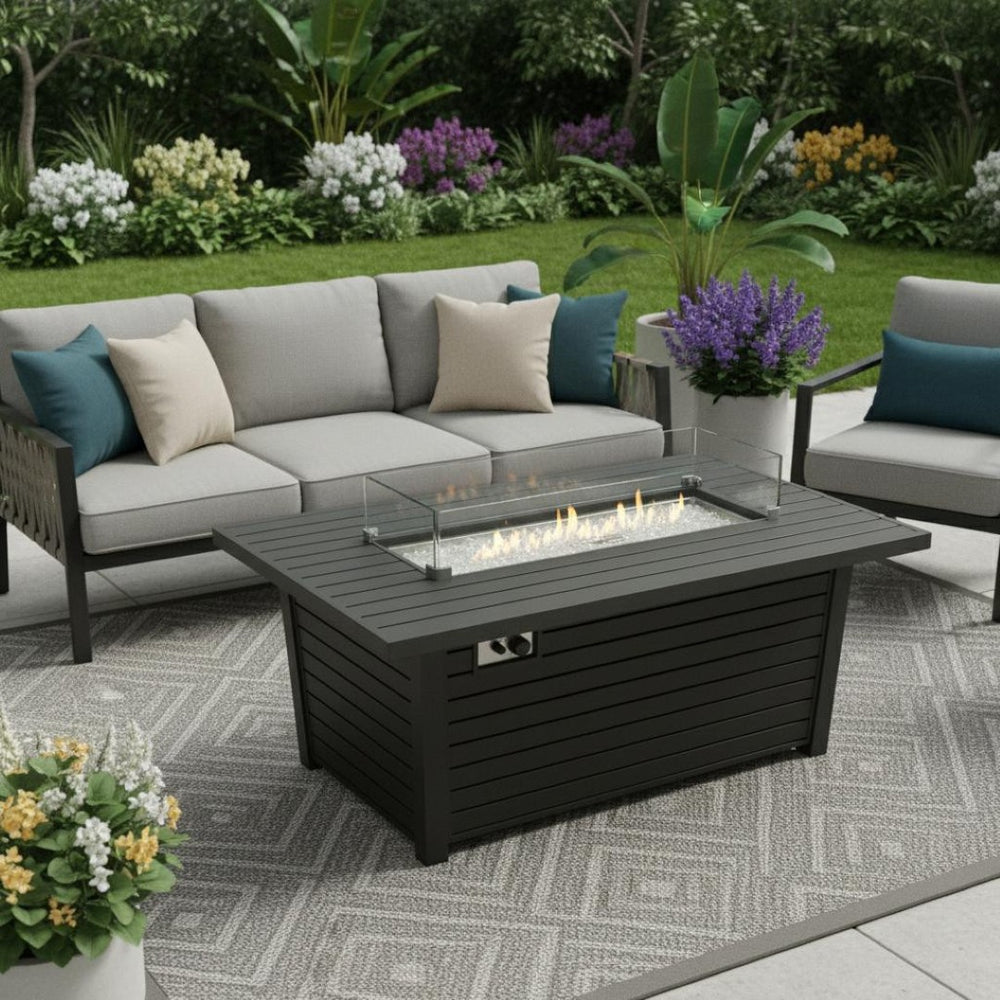HomeRoots 50000 BTU Black & Clear Aluminum Propane Fire Pit Table - Elegant Outdoor Heating & Dining Solution 479058