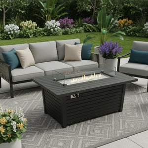HomeRoots 50000 BTU Black & Clear Aluminum Propane Fire Pit Table - Elegant Outdoor Heating & Dining Solution 479058