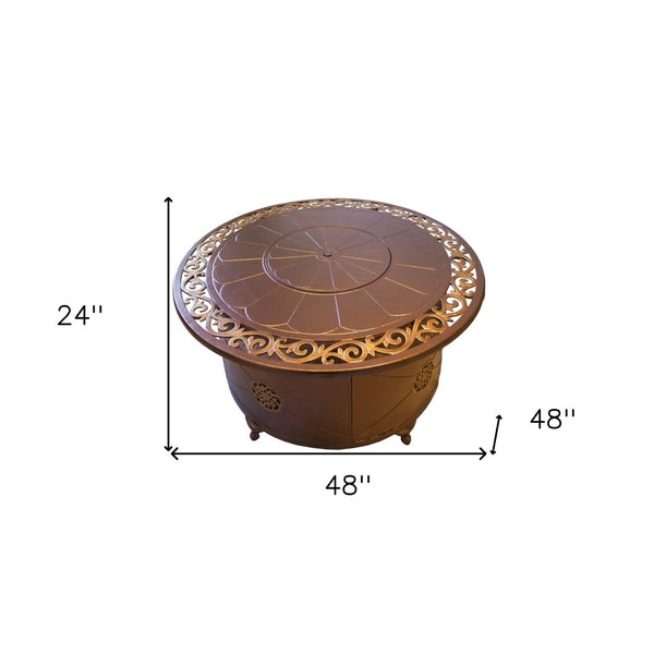 HomeRoots 42000 BTU 48" Round Bronze Aluminum Propane Fire Pit Table - Elegant Design with Cover Included 479060