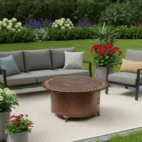 HomeRoots 42000 BTU 48" Round Bronze Aluminum Propane Fire Pit Table - Elegant Design with Cover Included 479060