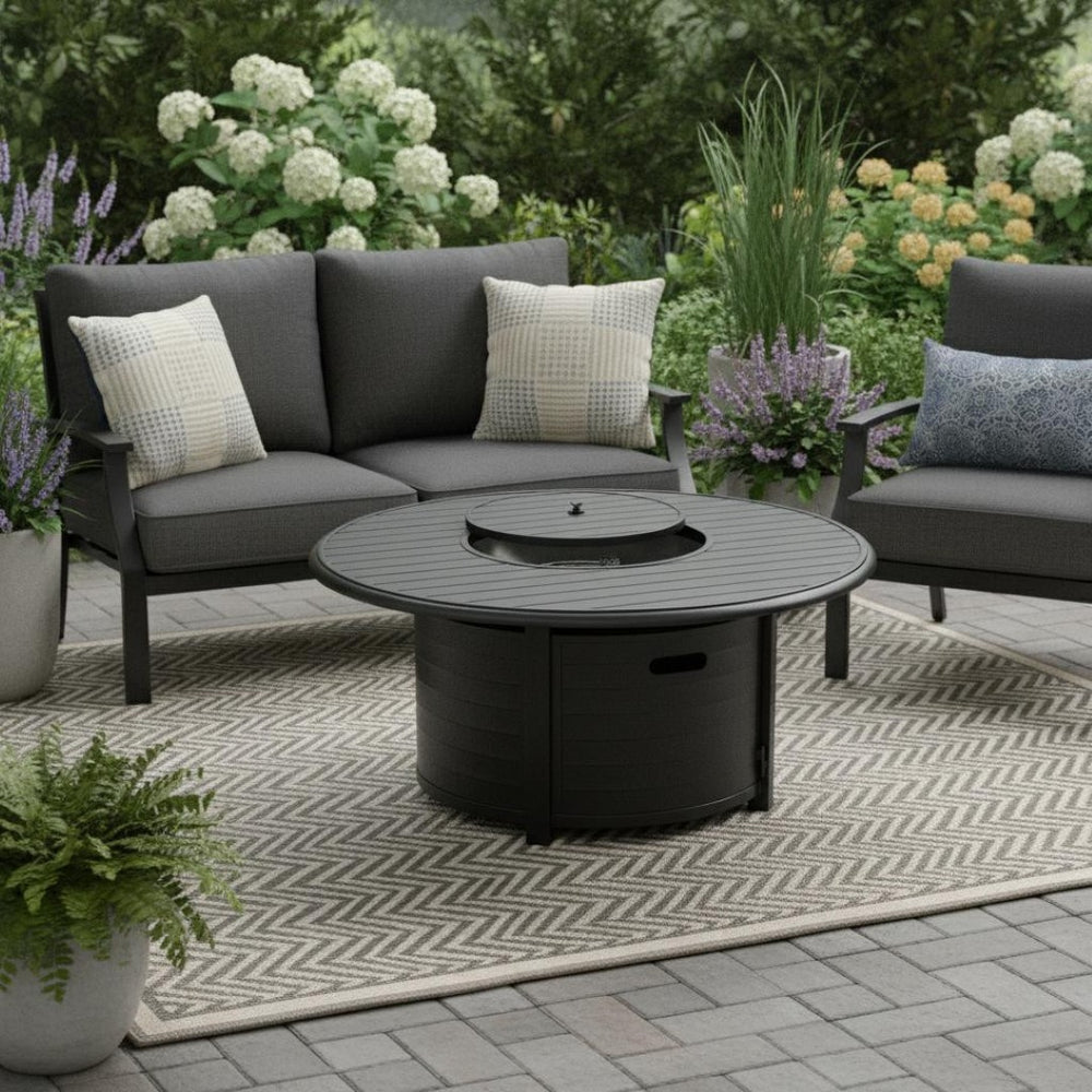 HomeRoots 42000 BTU 48" Black Aluminum Round Fire Pit Table - Stylish, Durable, and Perfect for Outdoor Gatherings! 479061