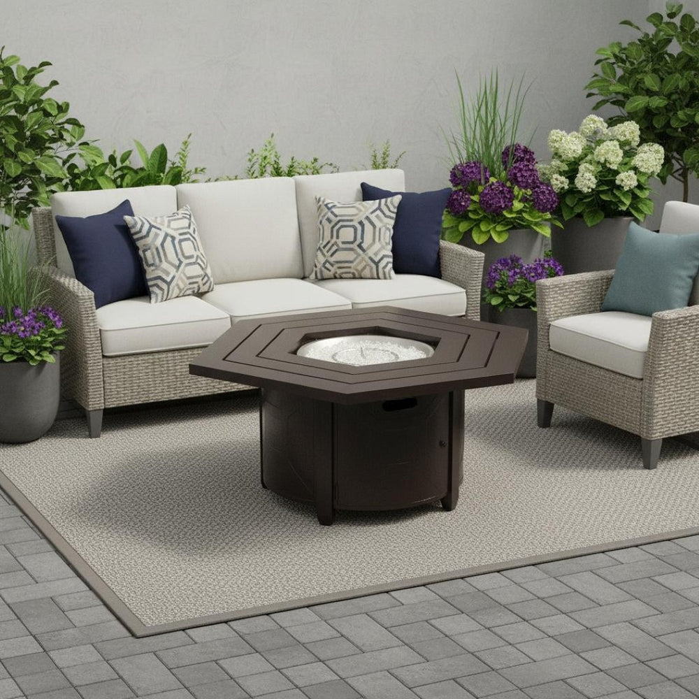 HomeRoots 40000 BTU 45" Bronze Aluminum Hexagon Fire Pit Table with Cover - Elegant Outdoor Heating Solution 479062