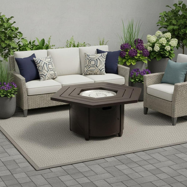 HomeRoots 40000 BTU 45" Bronze Aluminum Hexagon Fire Pit Table with Cover - Elegant Outdoor Heating Solution 479062