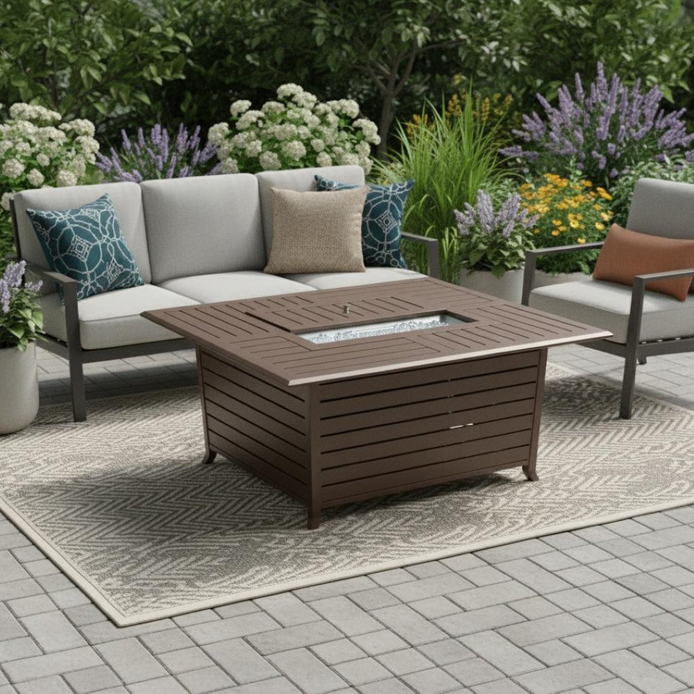 HomeRoots 42000 BTU Bronze Aluminum Propane Fire Pit Table - Stylish Design with Protective Cover & Adjustable Flame 479063