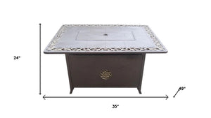 HomeRoots 42000 BTU 35" Bronze Aluminum Propane Fire Pit Table with Cover – Elegant Outdoor Heating Solution 479064