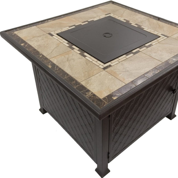 HomeRoots 50000 BTU Elegant 40" Square Black & Brown Steel Propane Fire Pit Table with Cover for Outdoors 479071