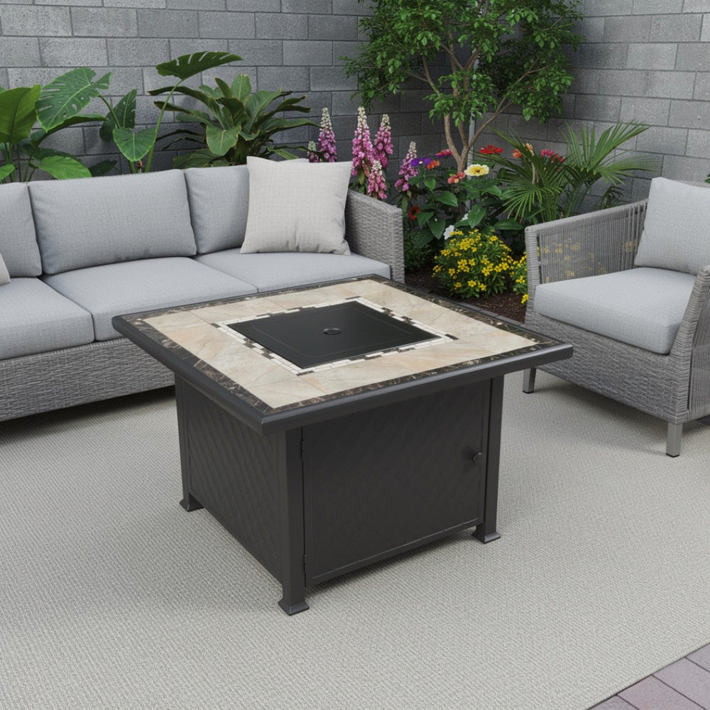 HomeRoots 50000 BTU Elegant 40" Square Black & Brown Steel Propane Fire Pit Table with Cover for Outdoors 479071