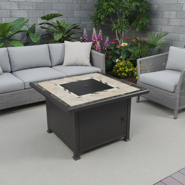 HomeRoots 50000 BTU Elegant 40" Square Black & Brown Steel Propane Fire Pit Table with Cover for Outdoors 479071