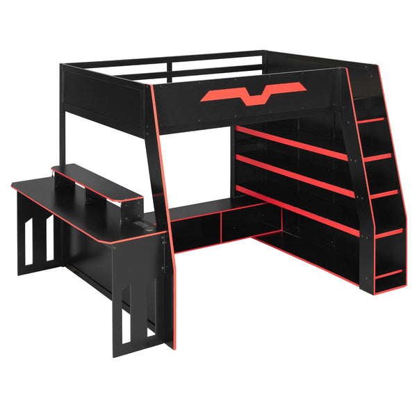 English Elm Full Size Wood Loft Bed with Rgb Lighting Desk and Multi-tier Shelves for Gaming Red LT000374AAR