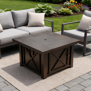 HomeRoots 40000 BTU Square Propane Fire Pit Table in Antiqued Bronze - Stylish, Durable, and Easy to Use! 479073