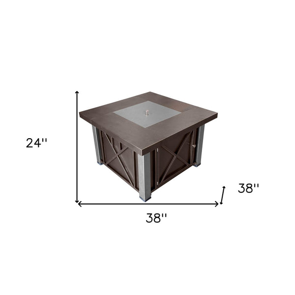 HomeRoots 40000 BTU Square Fire Pit Table - Antiqued Bronze & Silver Finish for Stylish Outdoor Gatherings 479074