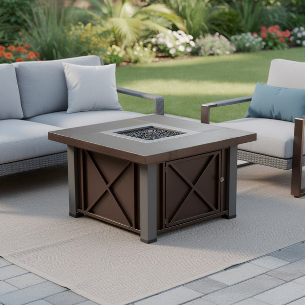 HomeRoots 40000 BTU Square Fire Pit Table - Antiqued Bronze & Silver Finish for Stylish Outdoor Gatherings 479074