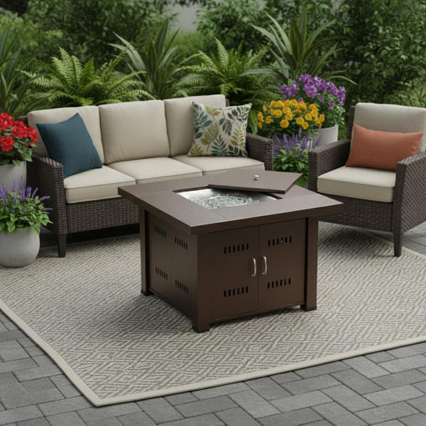 HomeRoots 40000 BTU Antiqued Bronze Steel Square Propane Fire Pit Table - Stylish, Durable & Cozy Outdoor Essential 479075