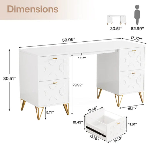English Elm Stylish White Mdf Computer Desk with Gold Legs Four Drawers for Home Office T3971P449545