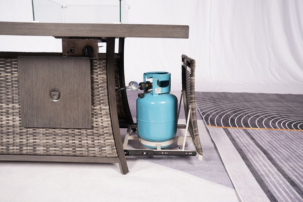 Nine Piece Outdoor Wicker Patio Set with Fire Pit Table for Entertaining and Relaxed Lounging