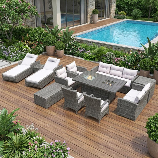 Twelve Piece Wicker Patio Conversation Set with Fire Pit Table for Outdoor Entertaining