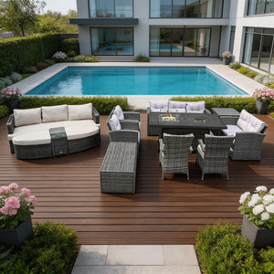 Eleven Piece Outdoor Wicker Conversation Set with Fire Pit Table for Patio Entertaining
