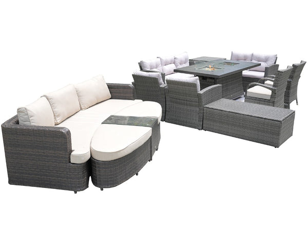 Eleven Piece Outdoor Wicker Conversation Set with Fire Pit Table for Patio Entertaining