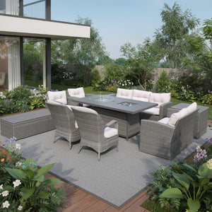 Ten Piece Outdoor Wicker Seating Group with Fire Pit Table for Patio and Garden Entertaining