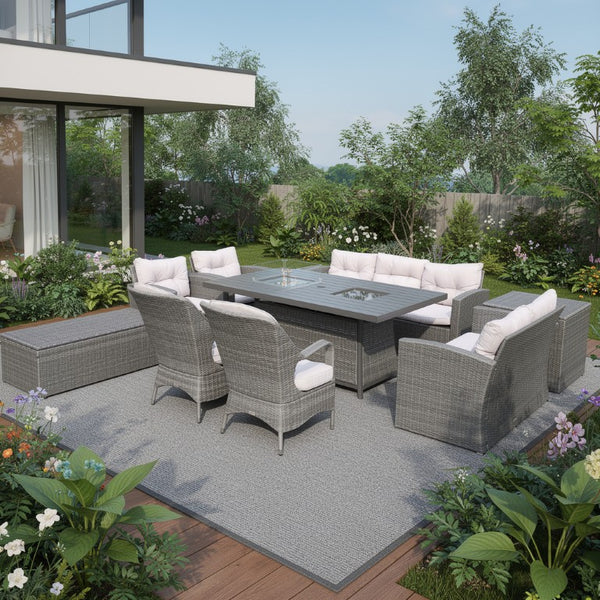 Ten Piece Outdoor Wicker Seating Group with Fire Pit Table for Patio and Garden Entertaining