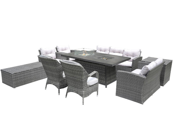 HomeRoots Ten Piece Outdoor Wicker Seating Group with Fire Pit Table for Patio and Garden Entertaining 75" W x 50" H x 50" D 479111