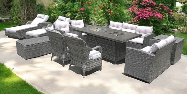 Homeroots Twelve Piece Outdoor Gray Wicker Multiple Chairs Seating Group Fire Pit Included With White Cushions  Wicker 479112