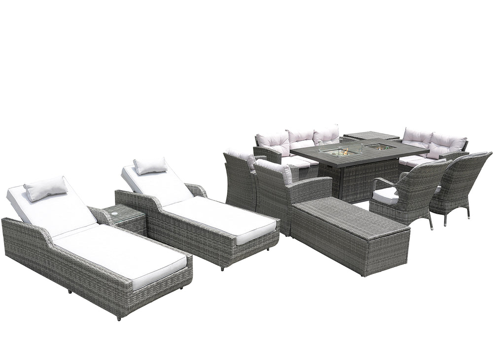 Homeroots Twelve Piece Outdoor Gray Wicker Multiple Chairs Seating Group Fire Pit Included With White Cushions  Wicker 479112