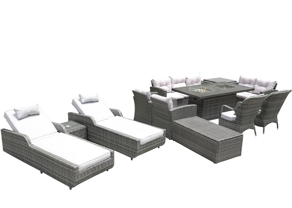 Homeroots Twelve Piece Outdoor Gray Wicker Multiple Chairs Seating Group Fire Pit Included With White Cushions  Wicker 479112