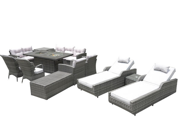 Homeroots Twelve Piece Outdoor Gray Wicker Multiple Chairs Seating Group Fire Pit Included With White Cushions  Wicker 479112