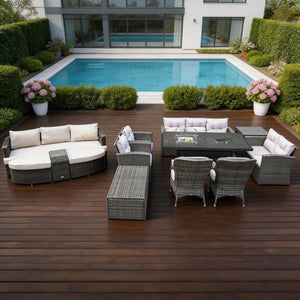 Eleven Piece Outdoor Wicker Conversation Set with Fire Pit Table for Patio Entertaining