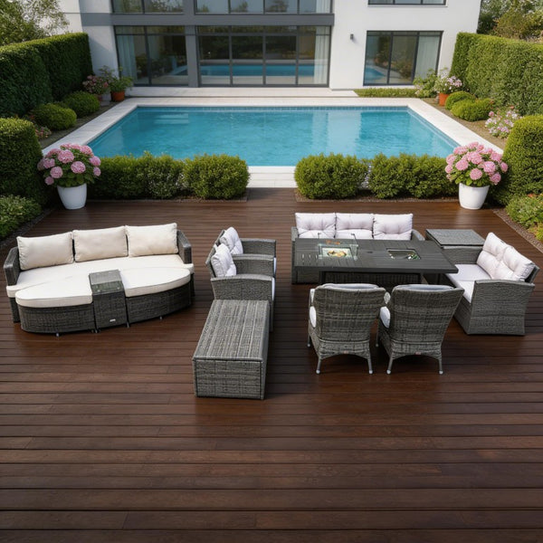 Eleven Piece Outdoor Wicker Conversation Set with Fire Pit Table for Patio Entertaining