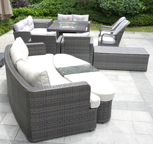 Eleven Piece Outdoor Wicker Conversation Set with Fire Pit Table for Patio Entertaining