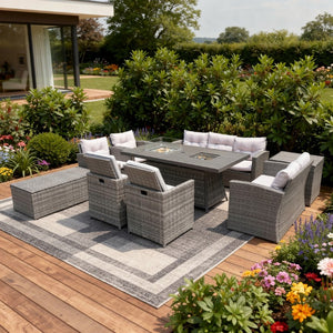 Nine Piece Outdoor Wicker Patio Set with Fire Pit Table for Entertaining and Relaxed Lounging