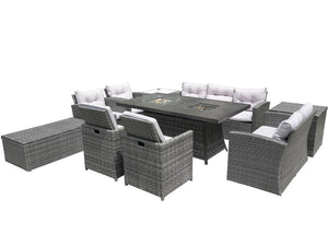 Nine Piece Outdoor Wicker Patio Set with Fire Pit Table for Entertaining and Relaxed Lounging