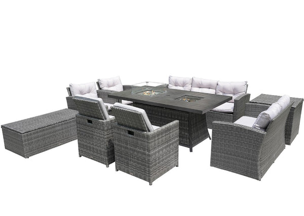 Nine Piece Outdoor Wicker Patio Set with Fire Pit Table for Entertaining and Relaxed Lounging