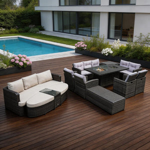 Ten Piece Outdoor Wicker Seating Group with Fire Pit Table for Patio and Garden Entertaining