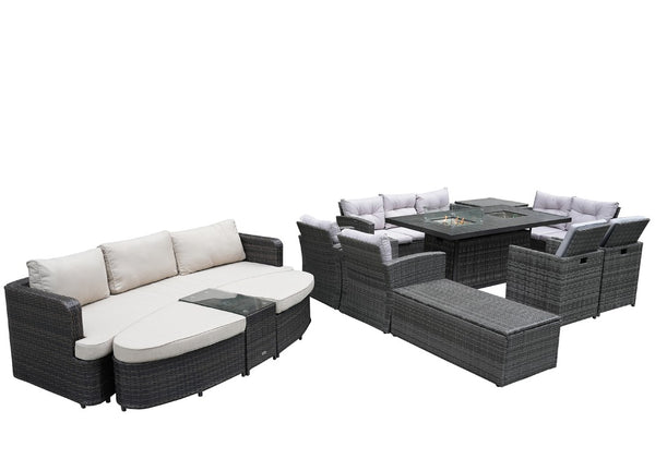 Ten Piece Outdoor Wicker Seating Group with Fire Pit Table for Patio and Garden Entertaining