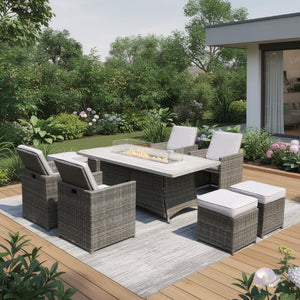 Nine Piece Outdoor Wicker Patio Set with Fire Pit Table for Entertaining and Relaxed Lounging